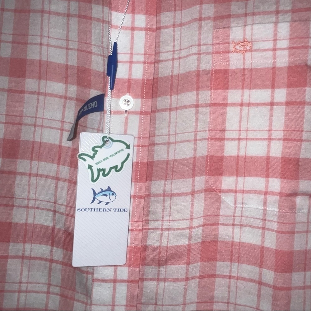 Southern Tide Flamingo Pink Plaid button shirt, Hemp Blend, Size Large, NEW - Picture 2 of 4
